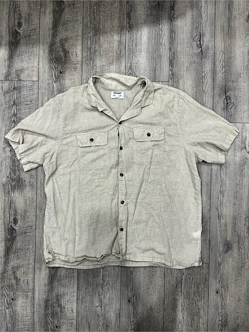 Old Navy Men’s Linen Blend Short-Sleeve Camp Shirt Beige Medium